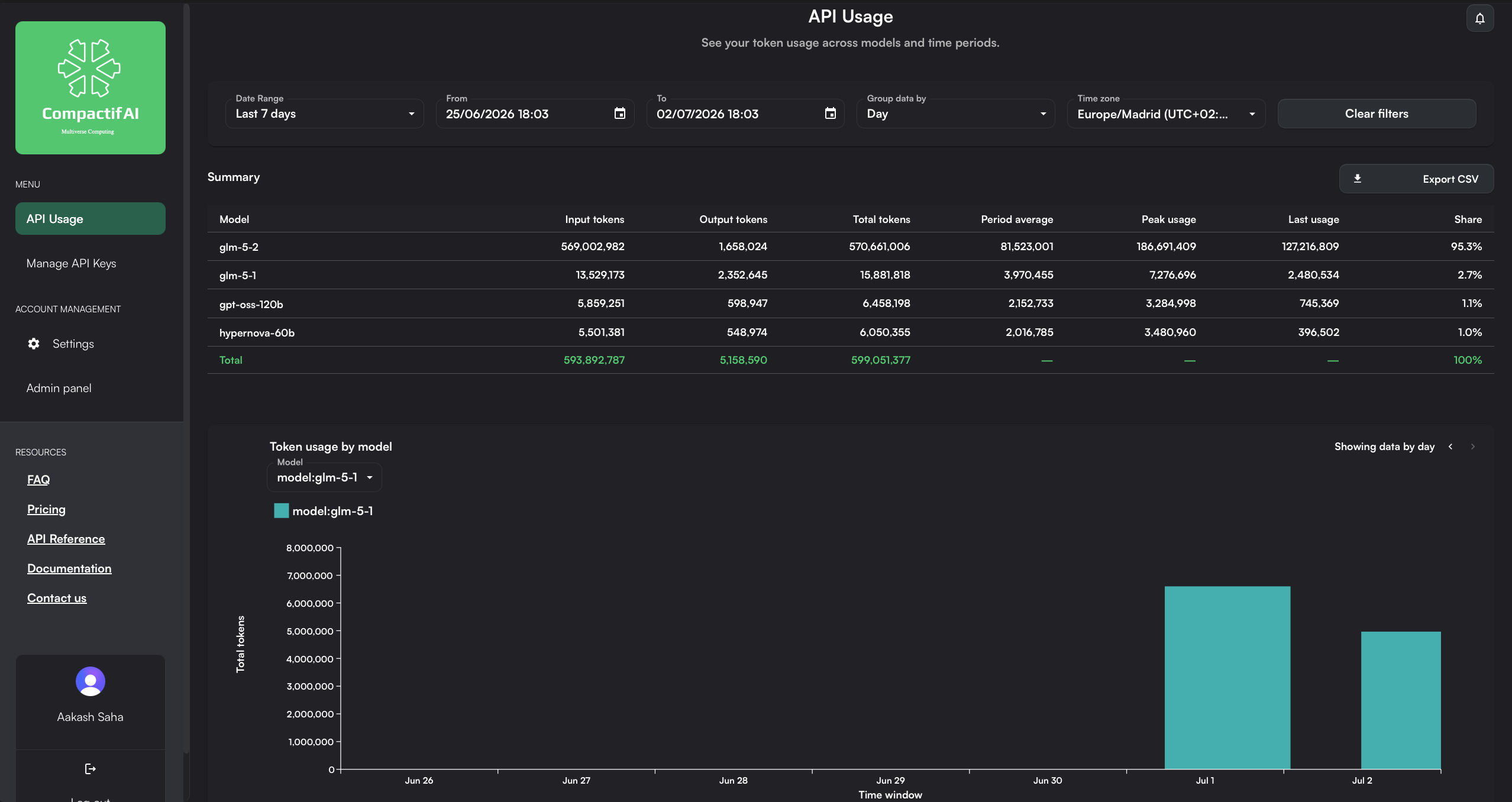 API Usage page with summary table and token usage chart