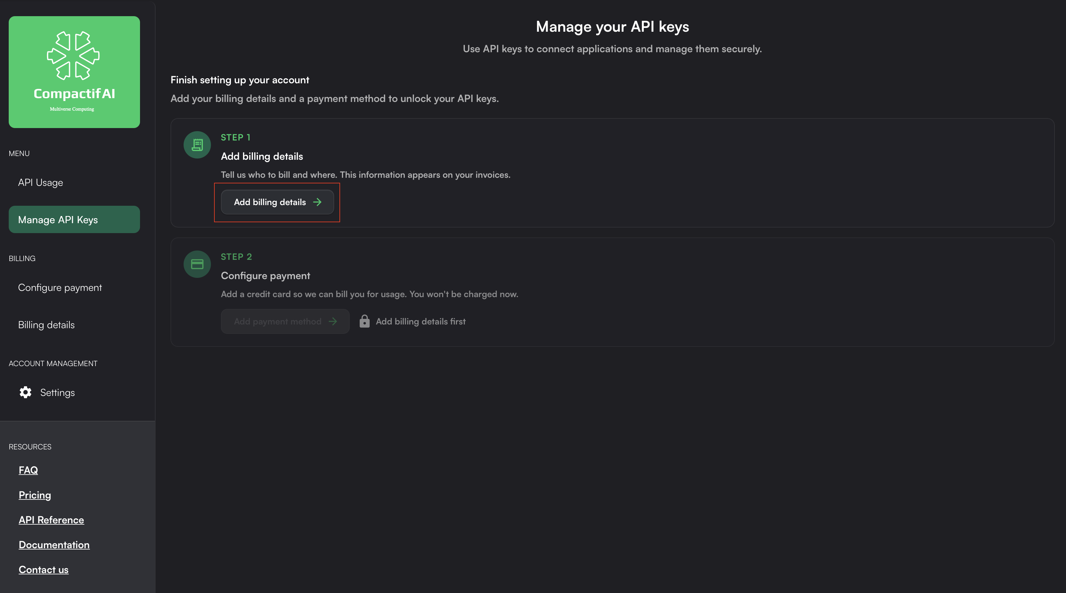 Manage API Keys Start