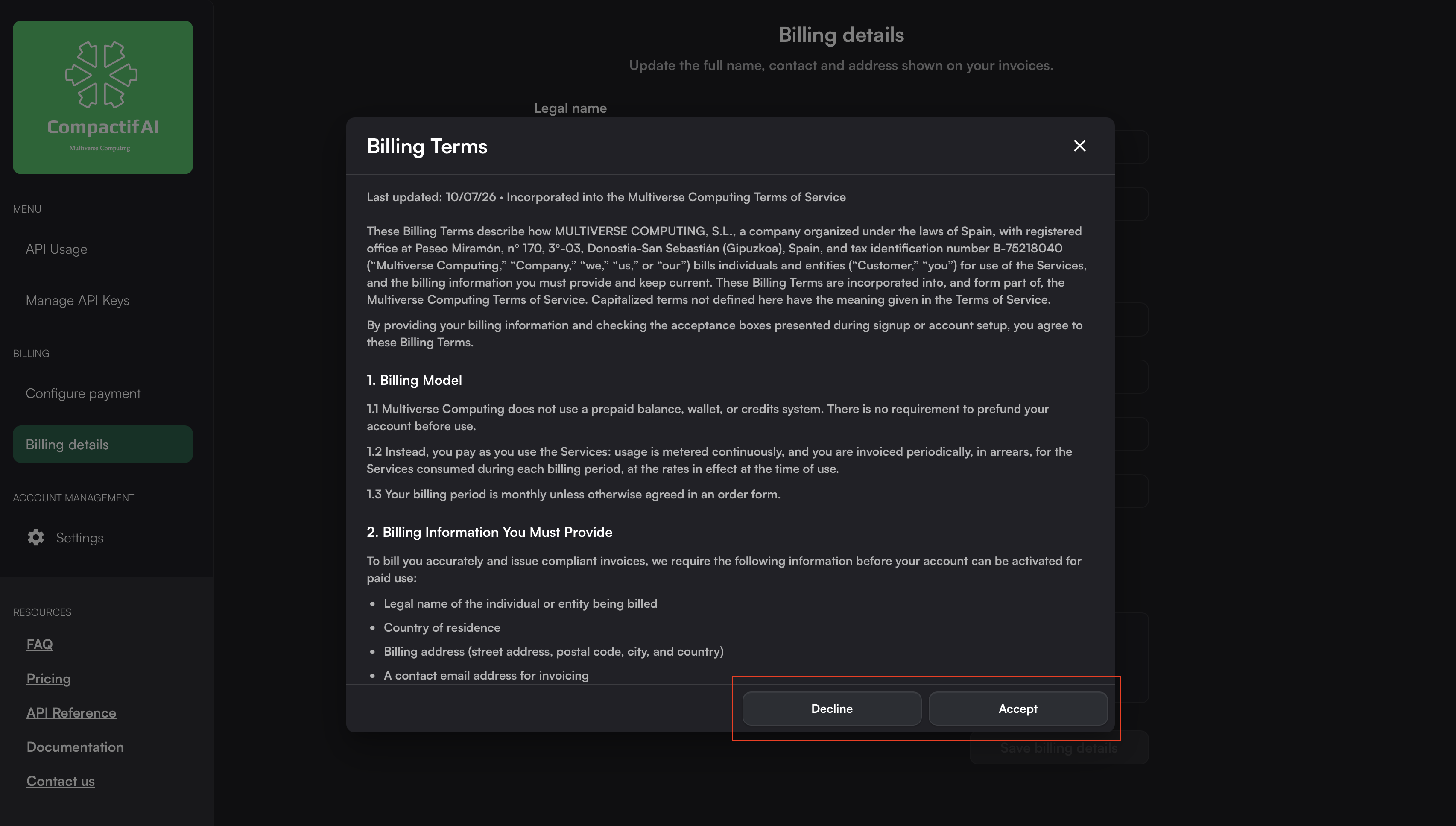 Accept billing terms