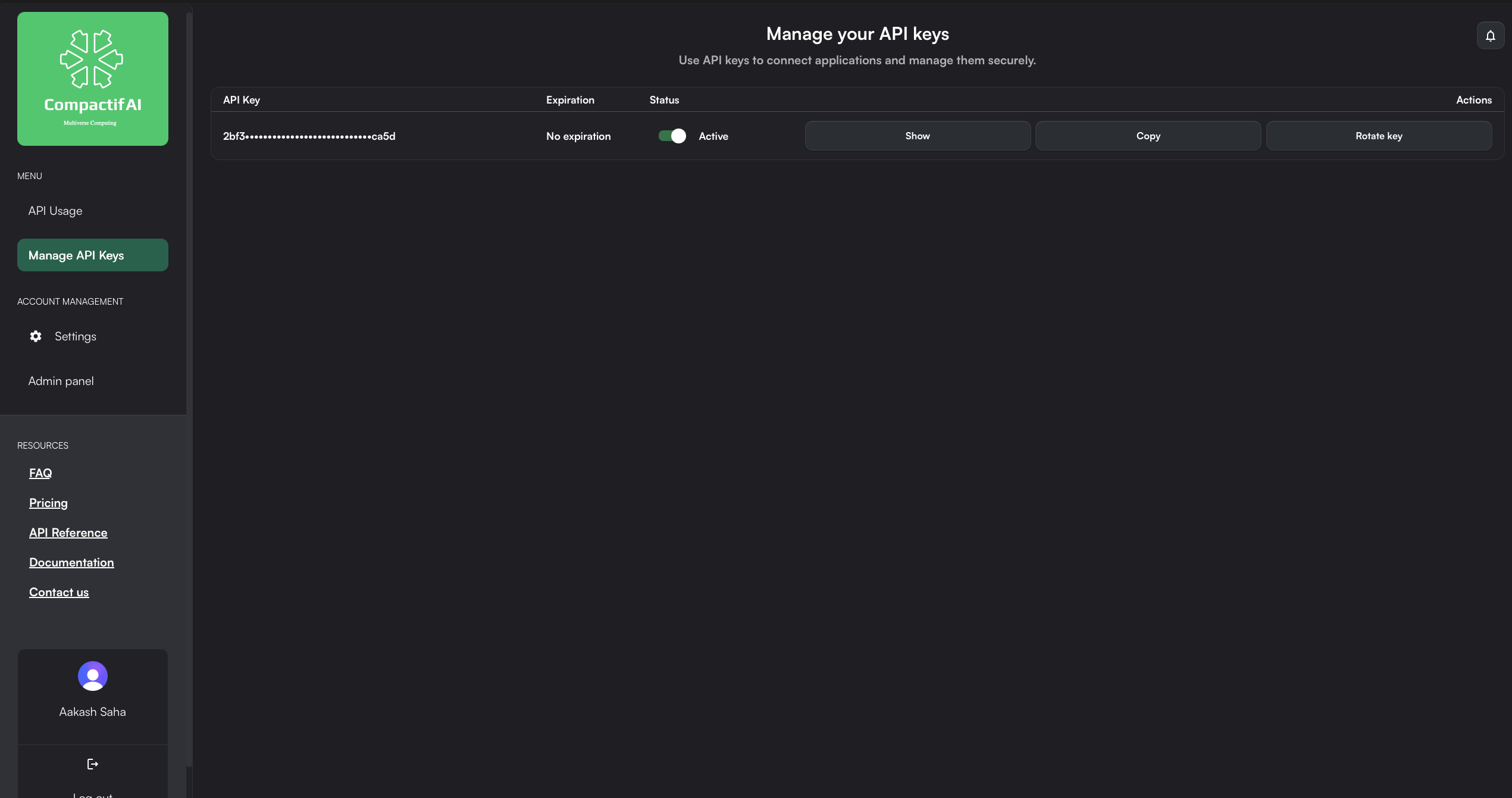 Manage API Keys page with Show, Copy, and Rotate key actions