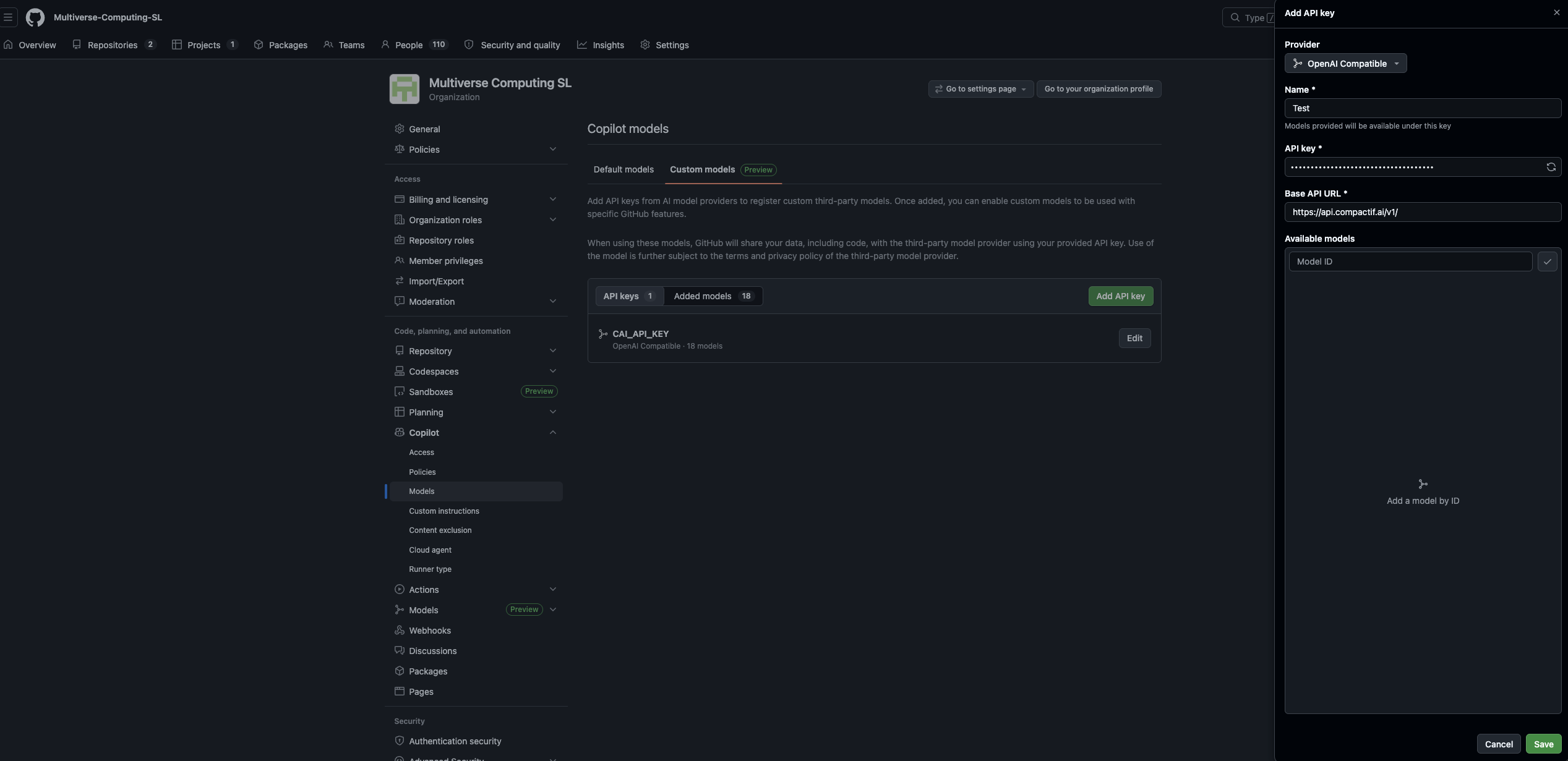 Add API key panel filled with CompactifAI credentials