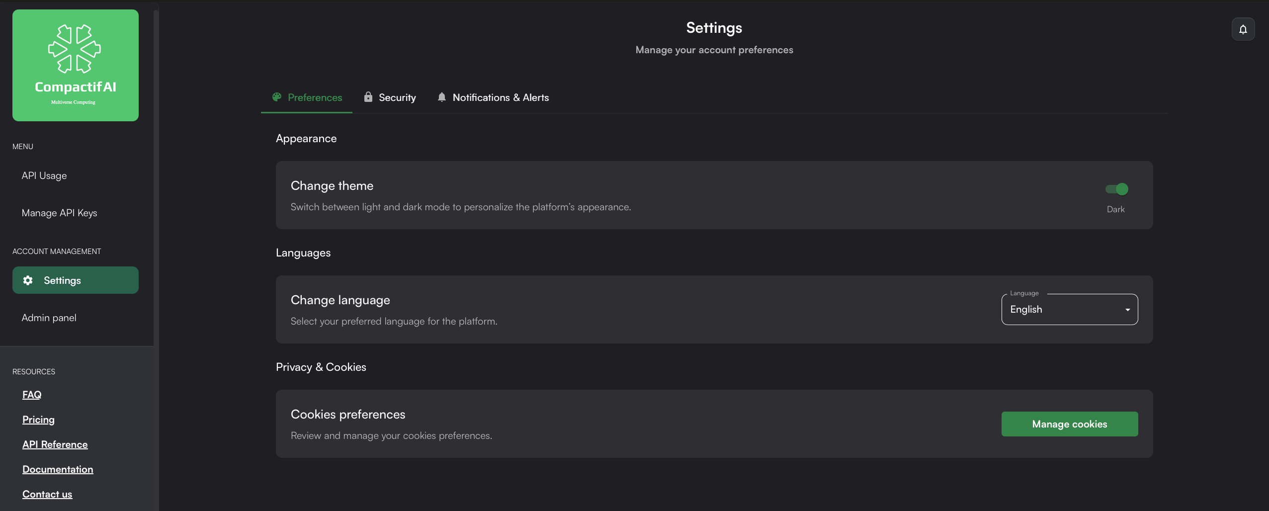 Settings page, Preferences tab, with theme, language, and cookie options