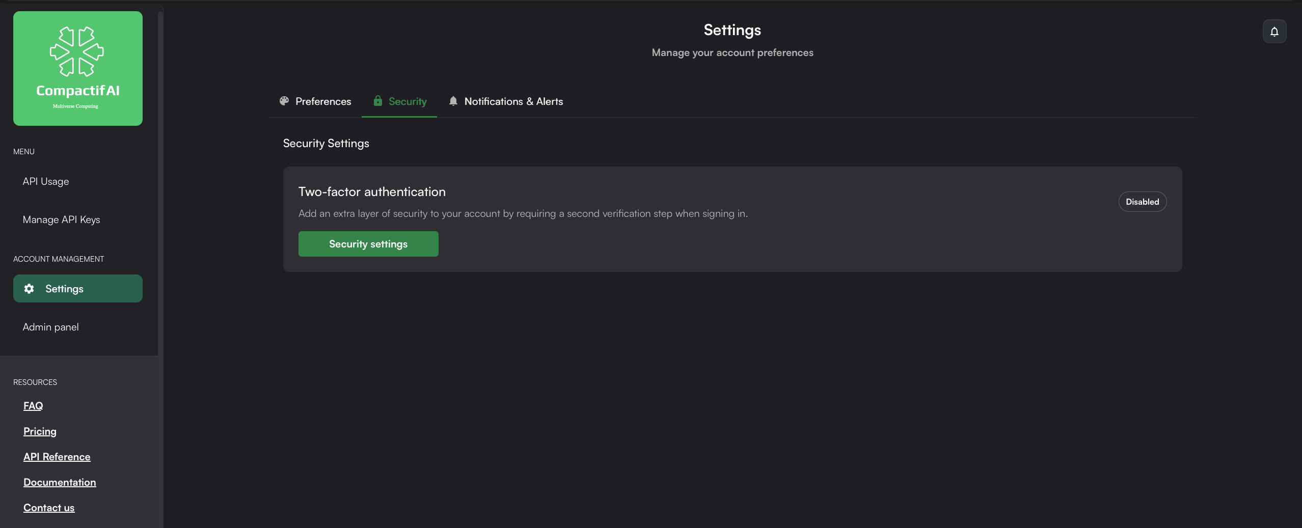 Settings page, Security tab, with two-factor authentication toggle