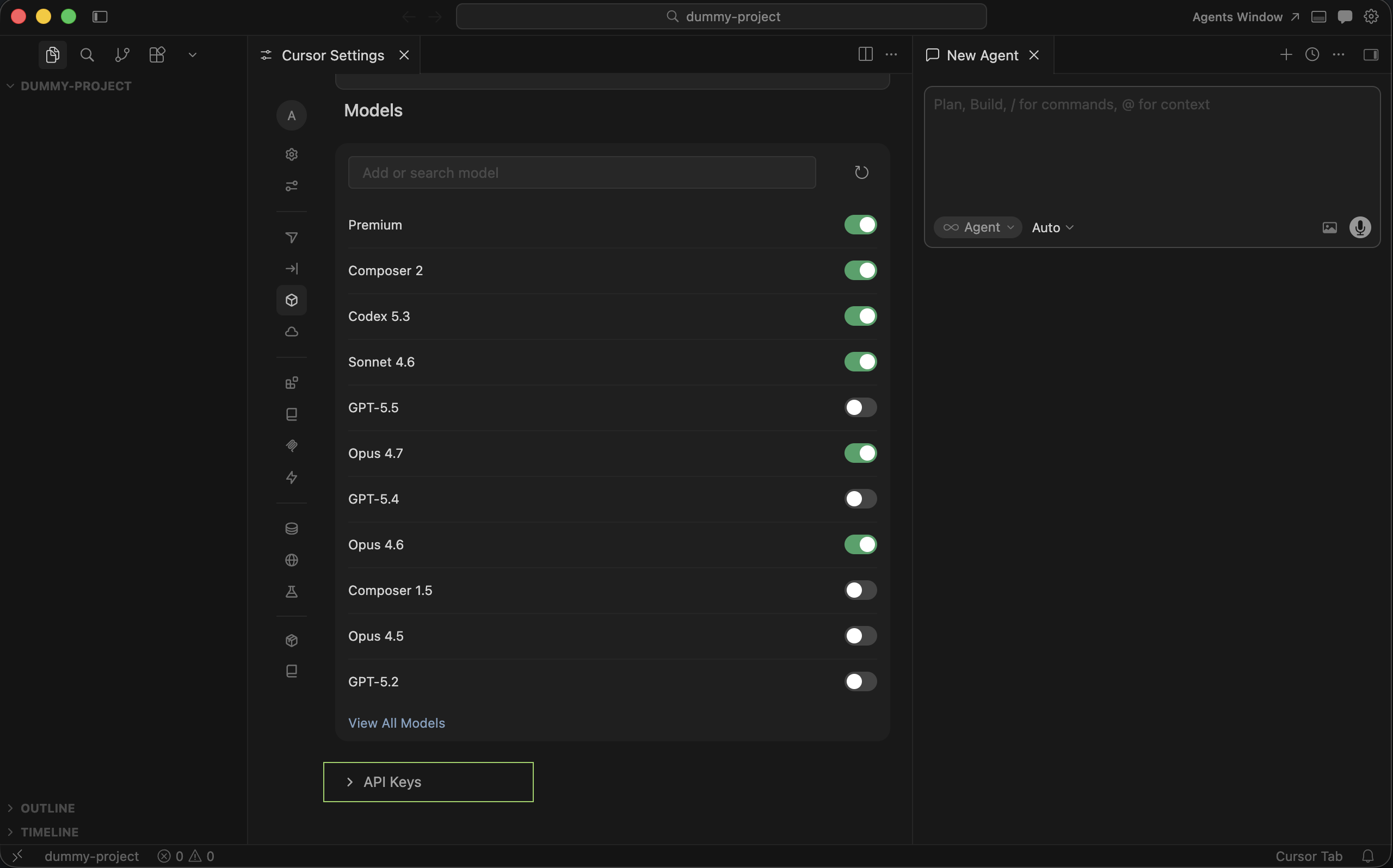 Cursor settings: API Keys