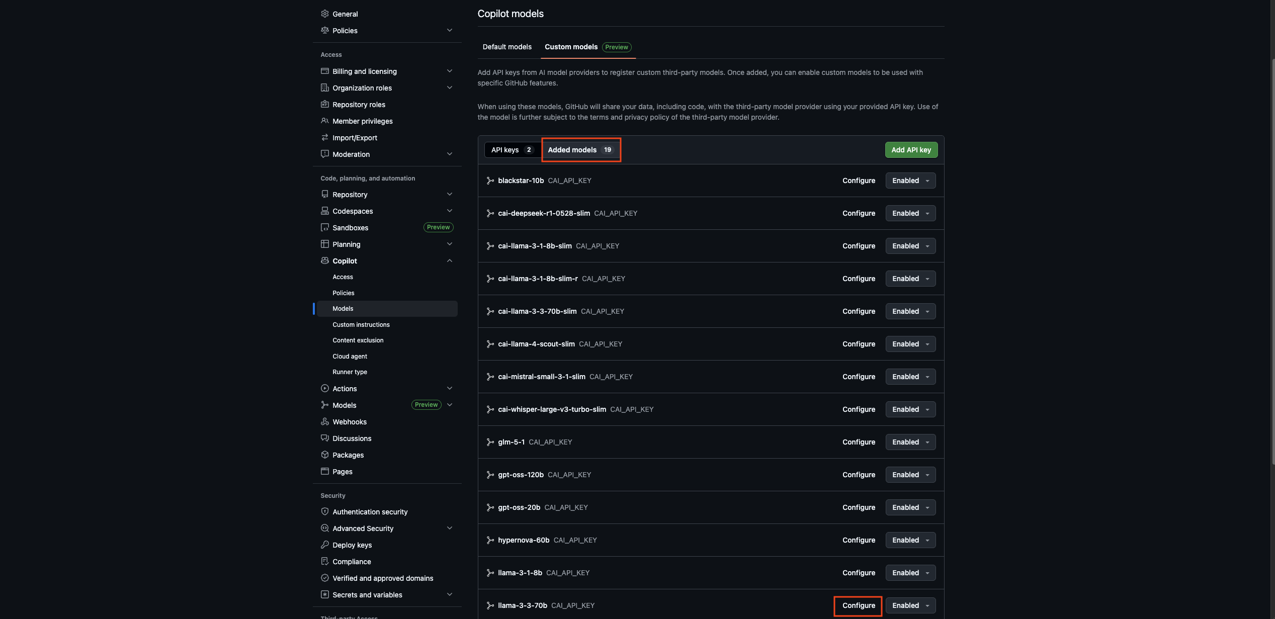Added models tab with Configure buttons