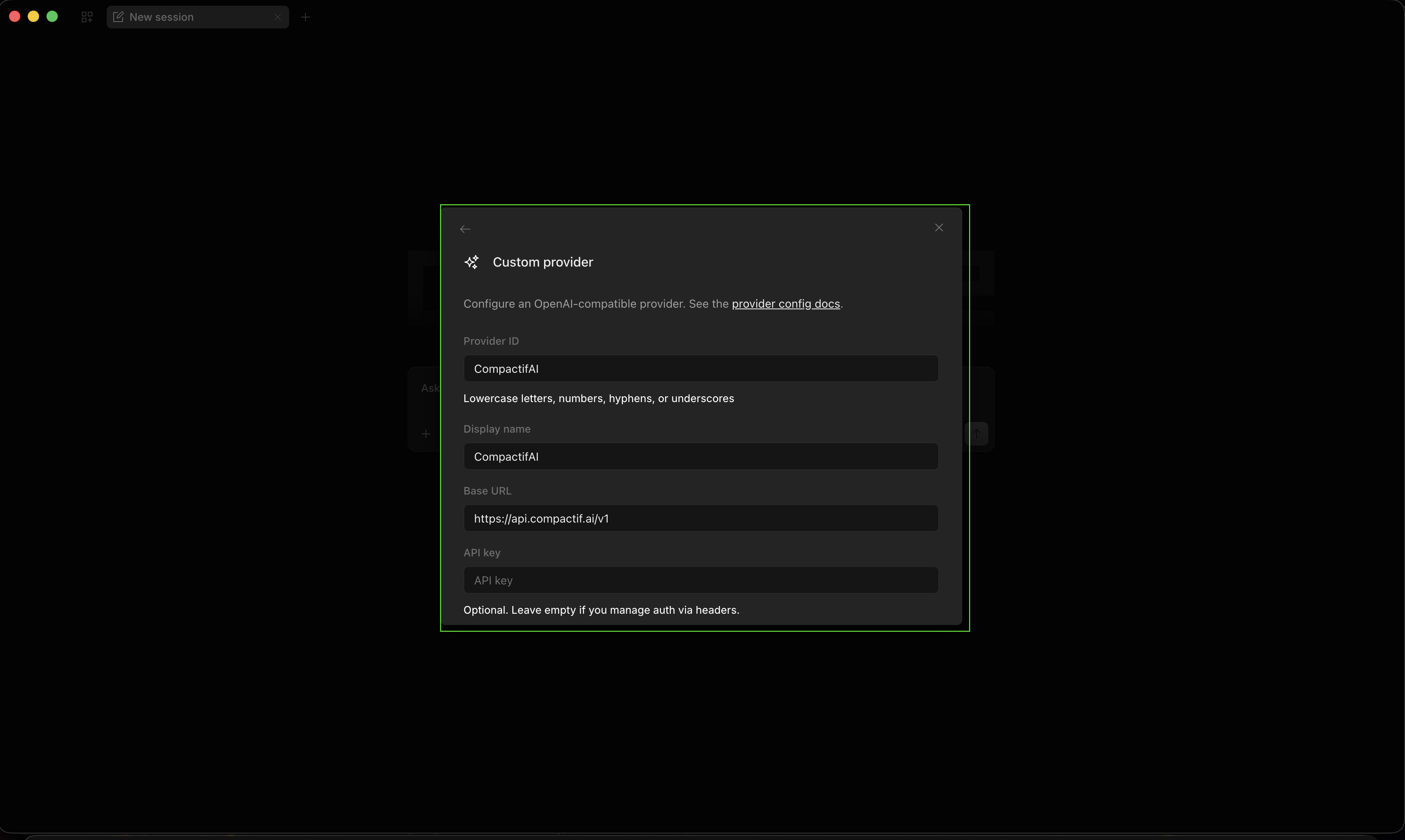 OpenCode: Custom provider form