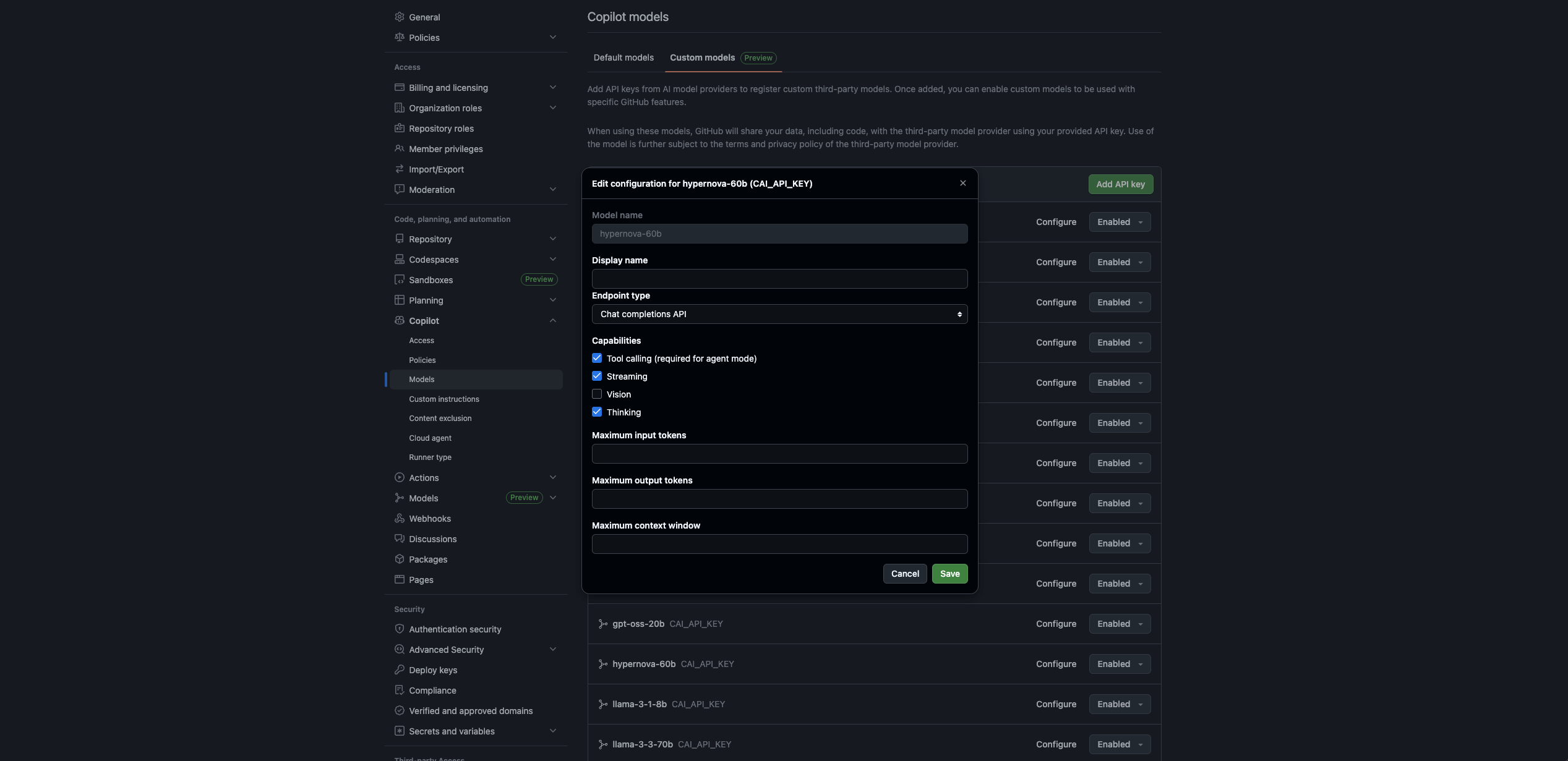 Model configuration dialog showing capability toggles